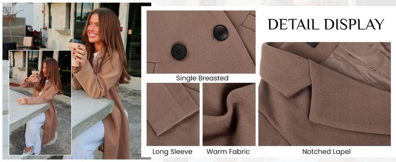 Tanming Women's Knee-length Overcoat Casual Notch Lapel Single-Breasted Wool-blend Peacoat Trench Coat Womenswear Outerwear Jackets for Spring Fall Winter