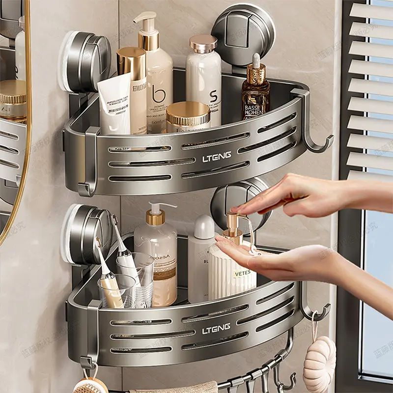 Bathroom Corner Suction Cup Shower Caddy - Compact Triangle No-Drill Adhesive Wall Shelf, Bathroom Organizer, Renter-Friendly Storage for Shampoo Bottles, Festive Party Gift