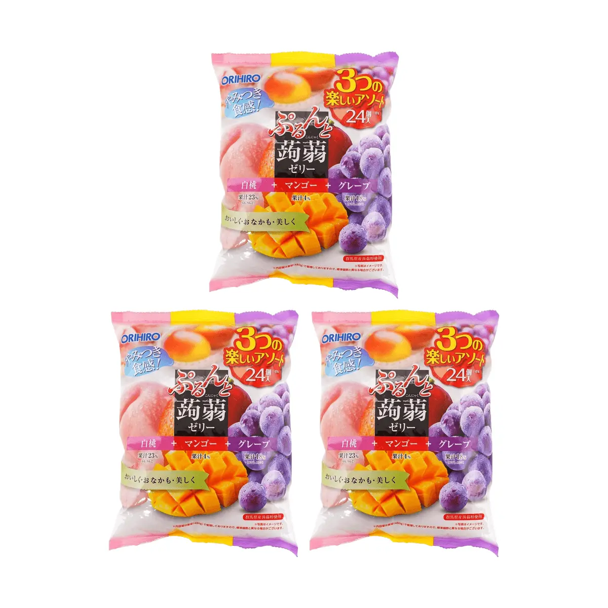 ORIHIRO Konjac Jelly Fruit Mix - Zero Fat Low Calorie, Peach Mango Grape Flavors, 24 Count (3 Packs) - Healthy Japanese Snack for Adults & Kids