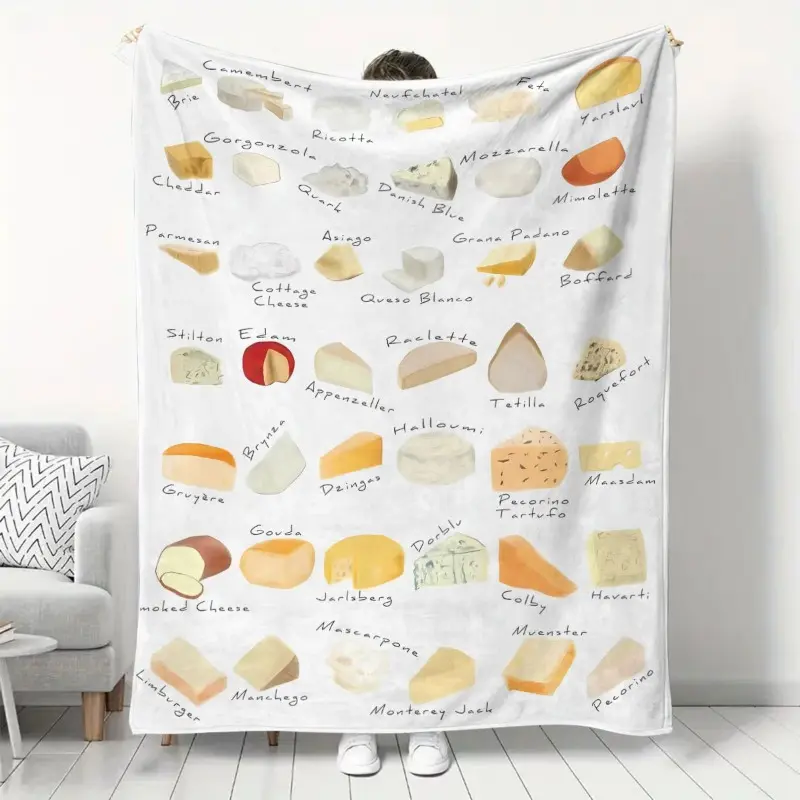 Contemporary Cheese Print Flannel Fleece Blanket - Soft, Cozy, Warm, Smooth Polyester Knit Fabric, Digital Art Graphic Blanket, All Season, Bed Warmer, Body-Warming, Sofa Throw, Ideal Gift for Family, All Season Blankets, Art Graphic Blankets