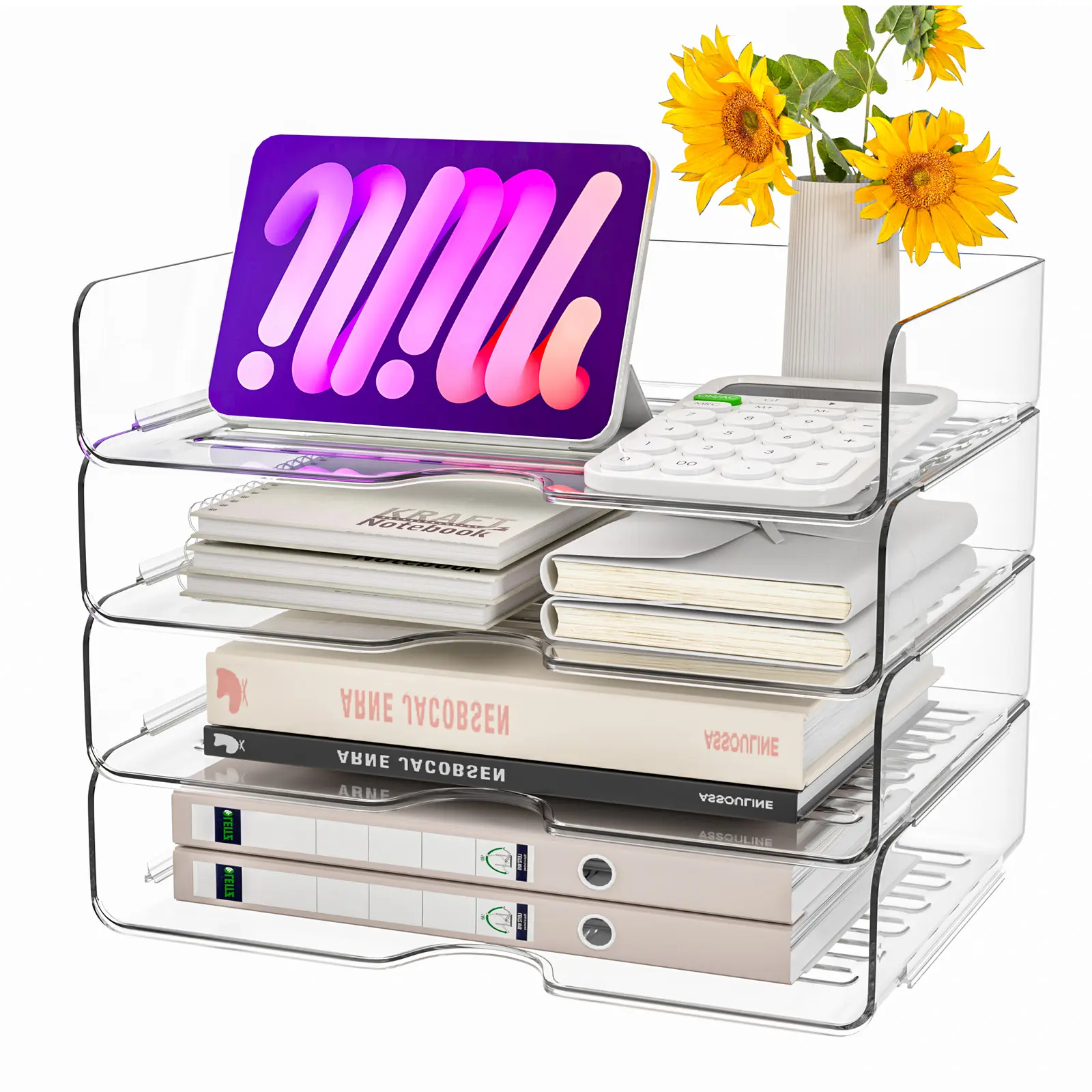 【Back-to-School】Paper Organizer Letter Tray, 4 Pack Acrylic Stackable Desk File Organizer,Clear File Organizer for Desk, Office Organizer for File Paper, Ipad, Letter, A4 Office File, Books, Notes, Paper Folder