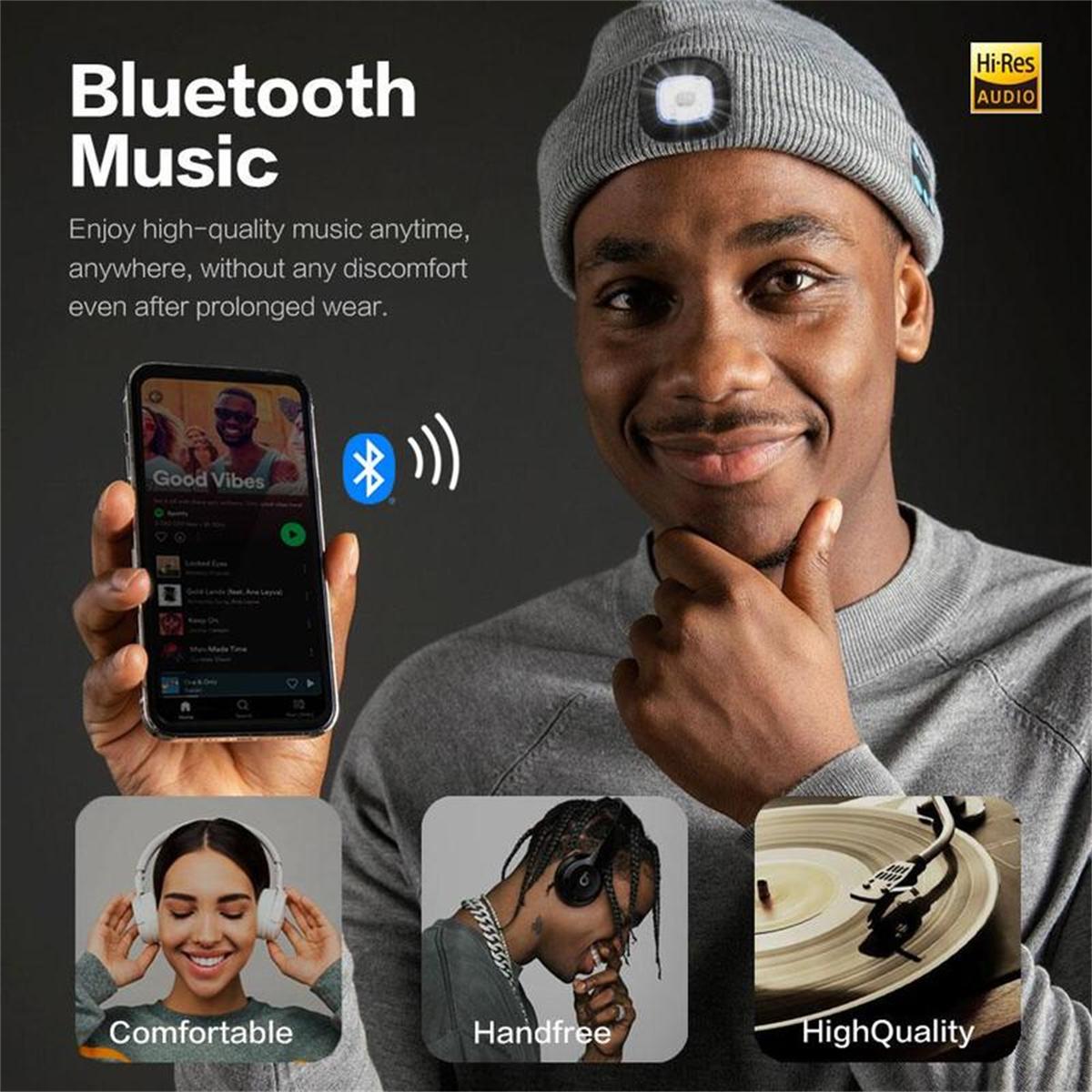 Bluetooth Beanie with a Light, Unisex USB Rechargeable 4 LED Fashlight Hat with Cordless Headphones, Unique Christmas Gifts - Black