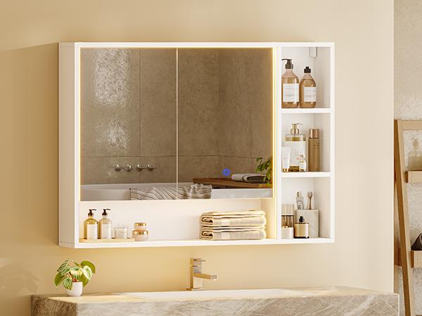 Hasuit | Lighted Medicine Cabinet with Mirror and Open Storage Modern Bathroom Cabinet with Adjustable Shelves