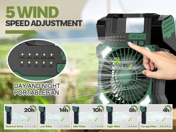 12000mah Solar Powered Fan, Dual-Panel Rechargeable Solar Camping Fan with LED Lantern, 5 Adjustable Speeds Cordless Battery Powered Portable Fan, Quiet USB-C Desk Fan for Tent Home Worksite