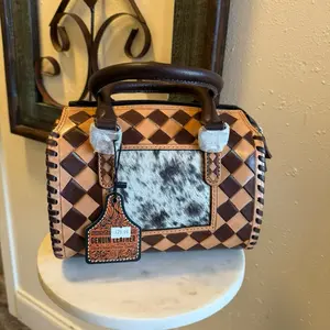 Western Tooled Leather Small Speedy Bag with brown check pattern
