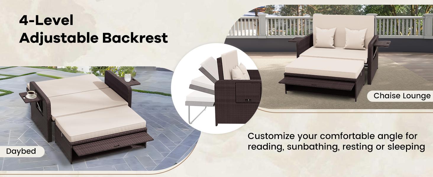 COSTWAY Wicker Patio Outdoor Daybed, Outdoor Chaise Lounger w/ 4-Level Adjustable Backrest, Retractable Side Trays, Storage Ottoman, Comfortable & Removable Cushions, Rattan Loveseat- COSTST