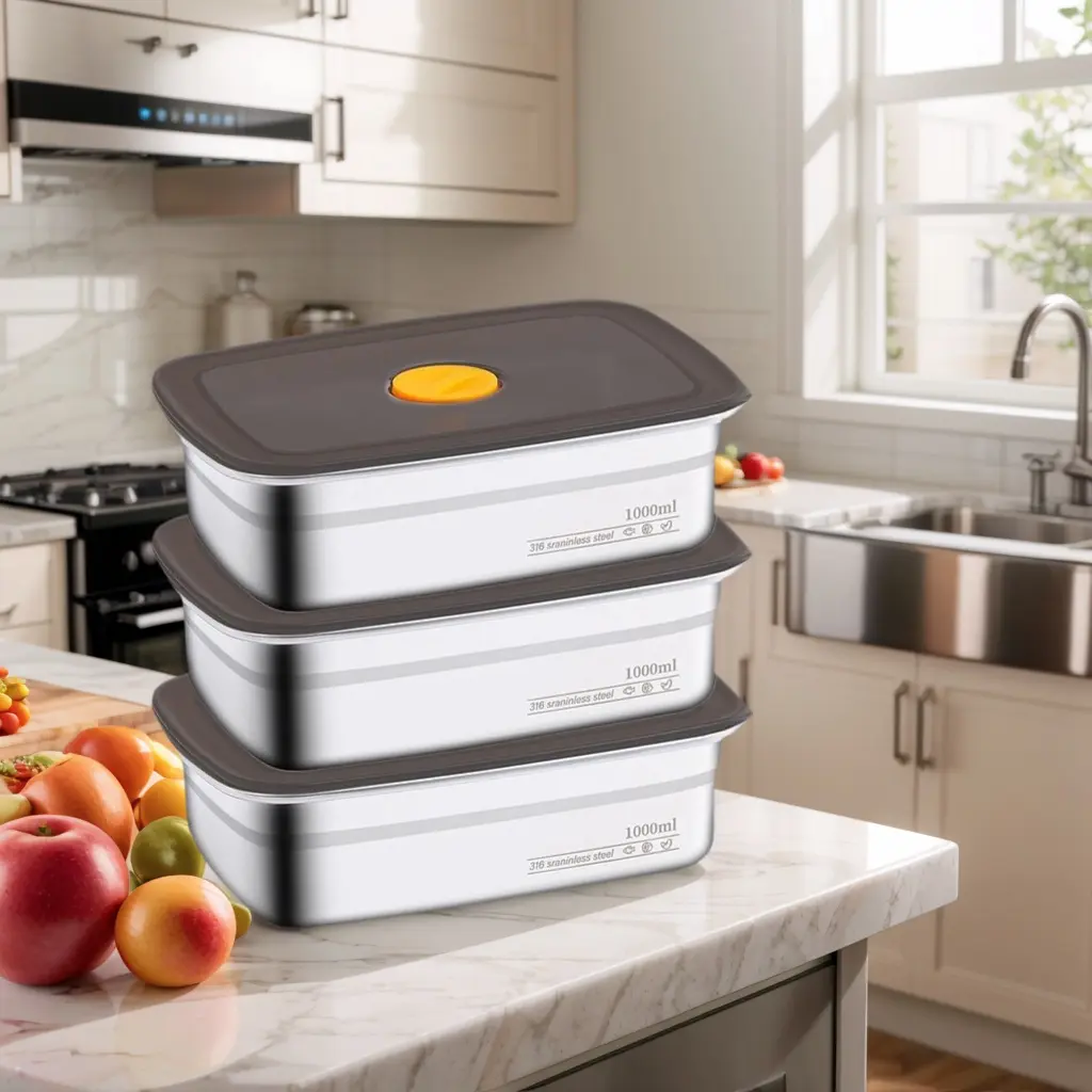 3Pcs Stainless Steel Leak-Proof Airtight Kitchen Fridge Storage Containers with Lids, Portable Deli Meat Keeper, Stacking Snack Boxes, Freezer & Dishwasher Safe, Eco-Friendly Durable (Ideal for Picnic), Leak Proof Container, Airtight Food Containers