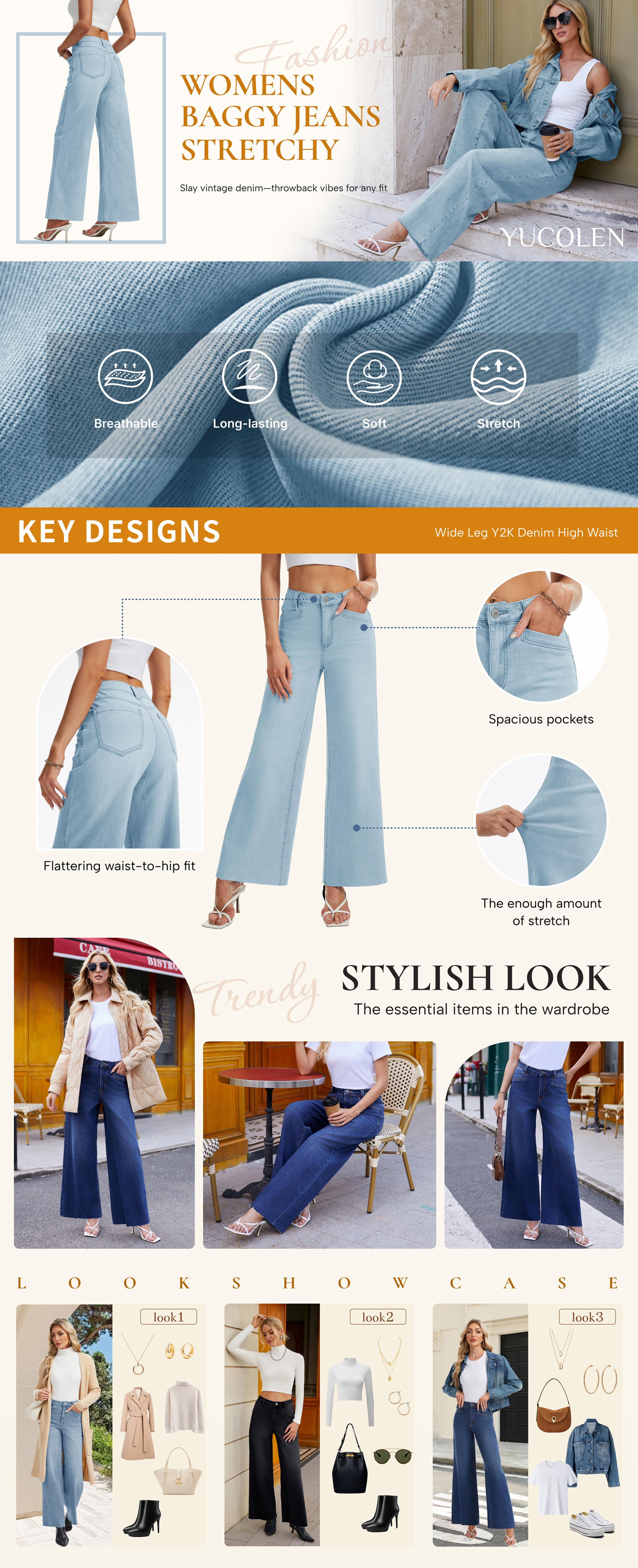 YUCOLEN Women's Wide Leg Jeans Baggy High Waist Stretchy Jeans Loose Straight Leg Vintage Y2K Denim Pants