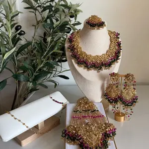 Nauratan Bridal Gold Plated Complete Set Pakistani Indian Jewelry Bollywood Wedding Accessories with Red Beads and Intricate Designs