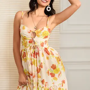 2026 Ocean StyleWomen's Long Beach Dress Sleeveless Spaghetti Strap Cross Tie-up Front Floral Print Dress Midi Slip Dress Outdoorfun Formal Womenswear Party
