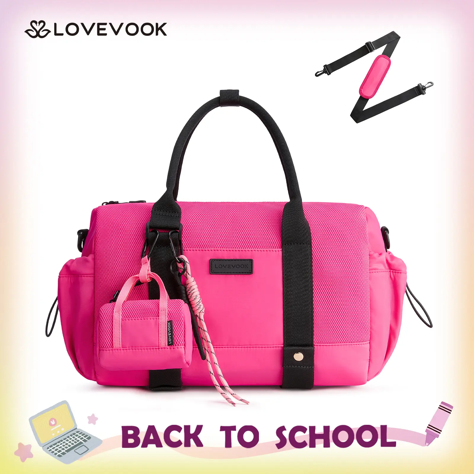 【NEW IN】LOVEVOOK Cute Women Mesh Gym Duffle Bag with Mini Headphone Bag, Small Waterproof Weekender Travel Bag with Wet Pocket, Multi Pocket Lightweight Yoga Sport Crossbody Handbag for Workout Swimming Short Trip