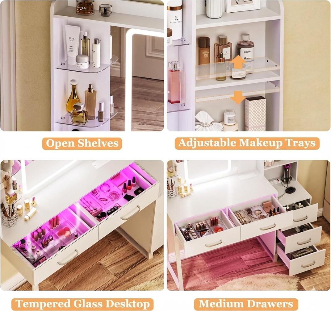 Vanity Desk with Mirror and LED Lights, 57.5" Makeup Vanity with Glass Top, Vanity with RGB Drawers, Power Outlet Safety Switch for Bedroom, White