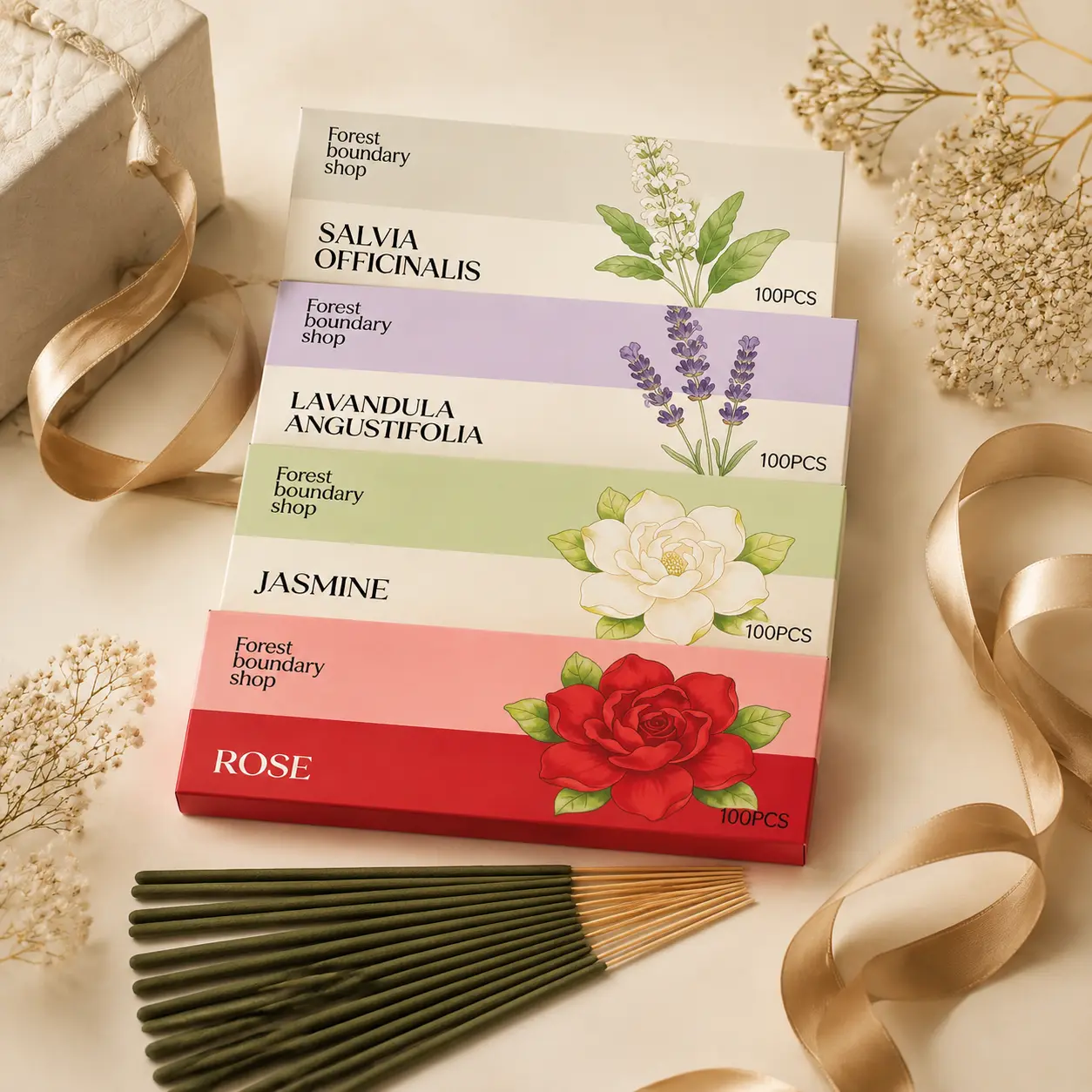 100PCS Natural Incense Sticks Set | Rose, Jasmine, Lavender & Sage Scents for Calming, Yoga & Room Fragrance