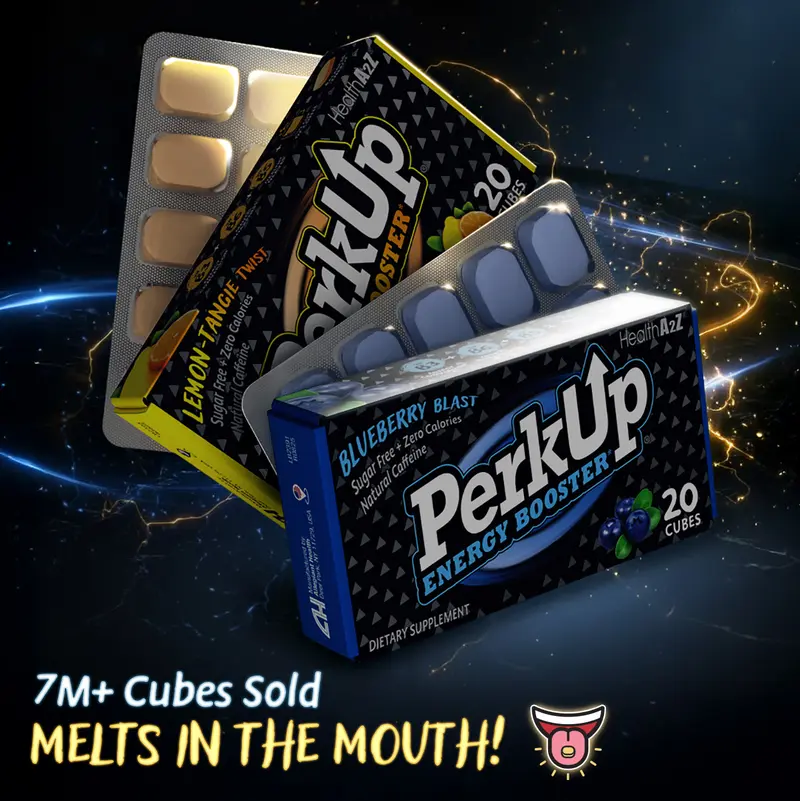 HealthA2Z PerkUp Energy Booster - Melt-in-mouth Cubes with 50 mg Natural Caffeine & B Vitamins for Energy, Focus & Productivity | A Clean & Healthy Alternative to Coffee & Energy Drinks, No Jitters or Crash