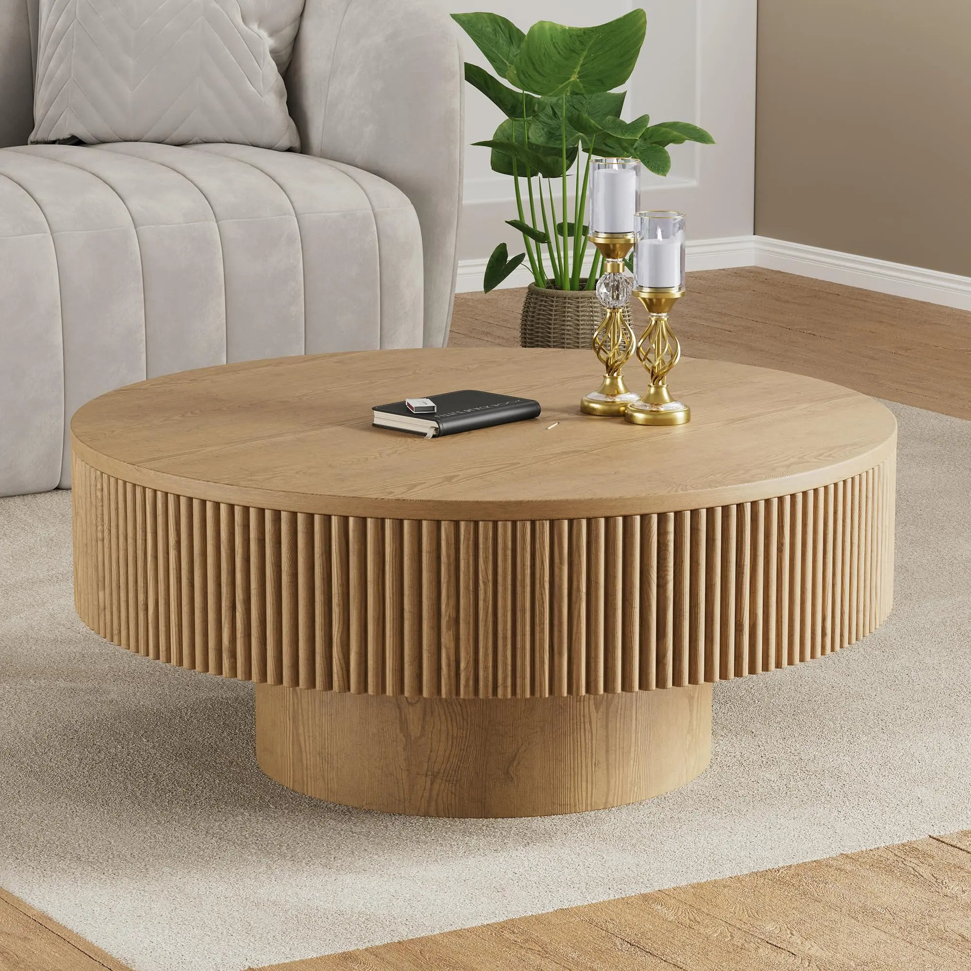【Summer Finds】UDPATIO 31/35" Round Fluted Flat-Top Coffee Table, Modern Handcrafted Wood Circle Veneer Relief Desk with Sturdy Pedestal, MDF Material, Easy Assembly, Farmhouse Spring Greenish for Living Room, Circle Coffee Tab