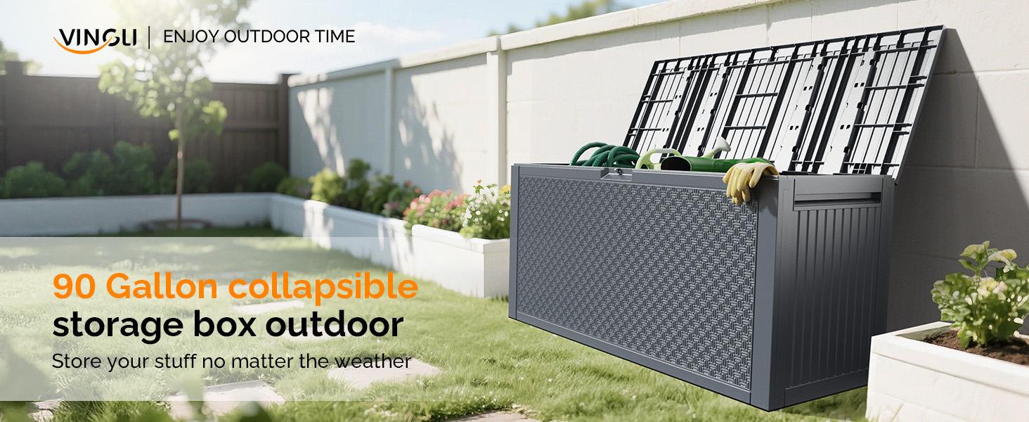 VINGLI 90 Gallon Outdoor Storage Box, Lockable Plastic Storage Containers with Lid, Patio Deck Box Furniture for Garden, Pool, Balcony, Yard