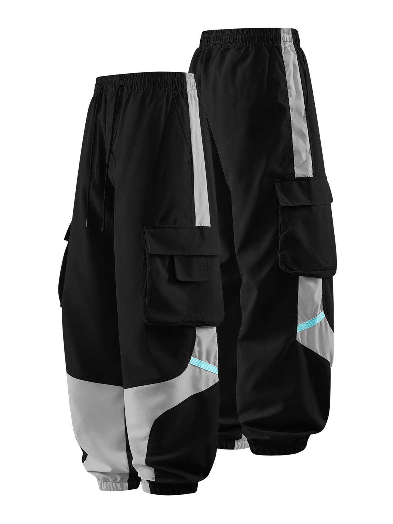 CCCMAI Men's Cargo Pants with Multiple Pockets - Durable Polyester, Machine Washable, Perfect for Hiking and Outdoor Activities, Breathable Comfortable Loose Fit Long Pants with Color-Blocked Side Panels and Drawstring Waist Design. Menswear