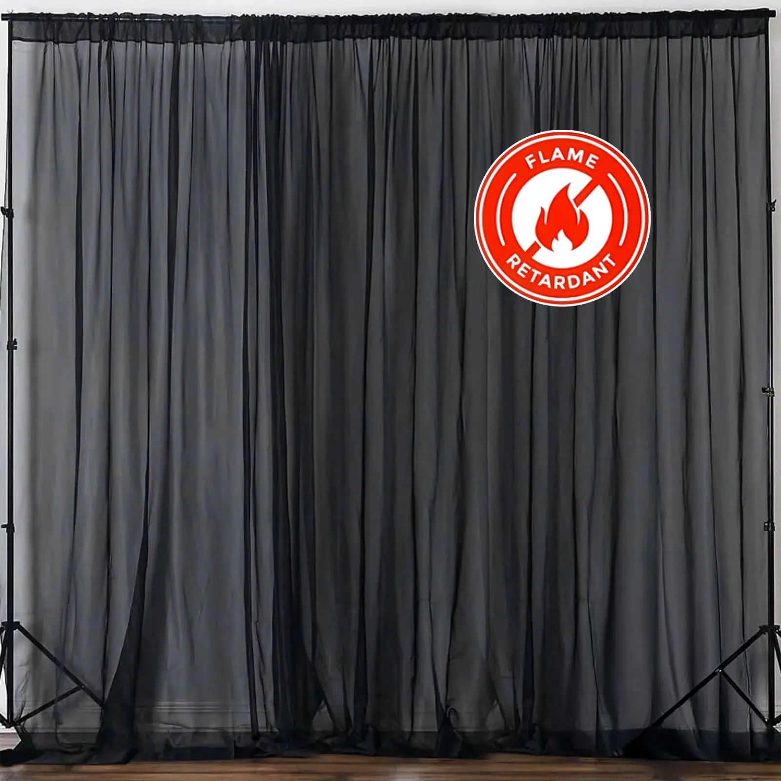 2 Pack Black Chiffon Backdrop Drape Curtains - 5ftx10ft Durable, Flame-Resistant Sheer Organza Panels with Rod Pockets for Tents, Wedding Venues, Photo Booth