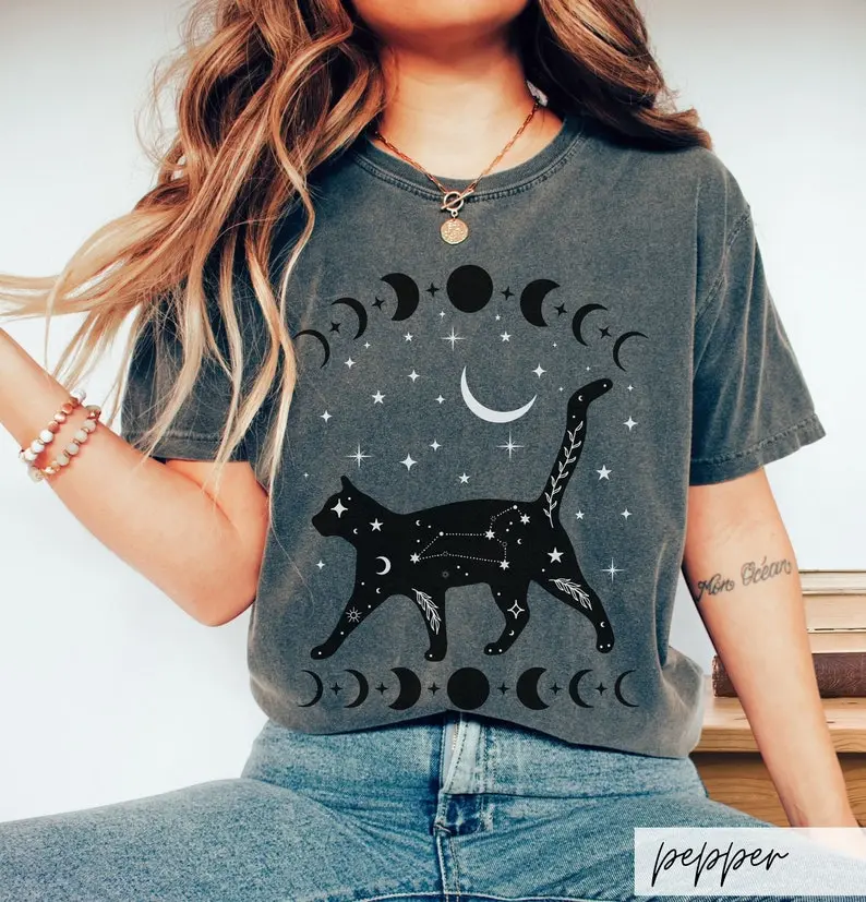 Comfort Colors Mystical Cat TShirt: Celestial Moon Phase Tee