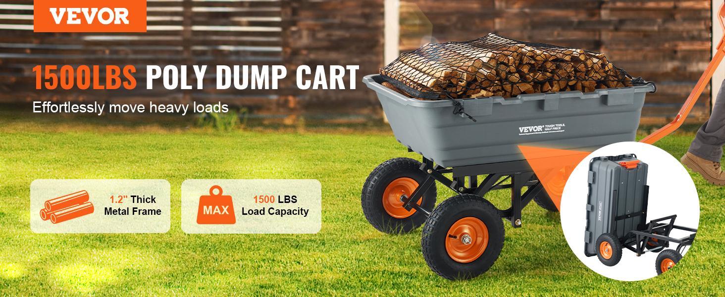 VEVOR Poly Garden Dump Cart with Easy to Assemble Steel Frame,  2-in-1 Convertible Handle, 13 Inch Tires, Max Capacity 1500 lbs, Utility Wheelbarrow Productivity Yard