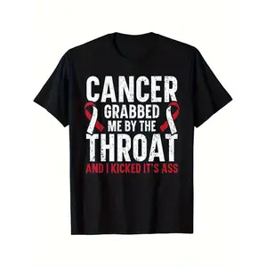 Men's Cancer Awareness Graphic Tee With Bold "Cancer Grabbed Me By The Throat" Print In 100% Cotton For Comfortable Summer Wear
