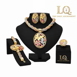LQ Luxury 4-Piece Tri-Tone Butterfly Jewelry Set - Twisted Mesh Necklace, Bracelet, Earrings & Ring - Colorful Enamel Floral Crystal Pendant - Mixed Metal Gold Silver Rose Gold Statement - Gift for Mother's Day & Spring (4 Pcs)