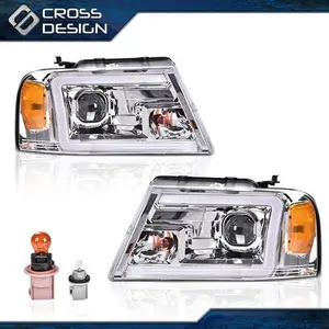 CROSSDESIGN LED Headlight Projector Lamps Chrome Amber Fit For 04-08 Ford F-150 Mark Lt Pair