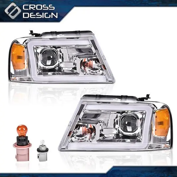 CROSSDESIGN LED Headlight Projector Lamps Chrome Amber Fit For 04-08 Ford F-150 Mark Lt Pair, Led Front Lights, Led Headlamps
