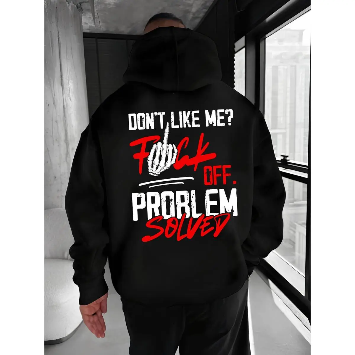 Men's Streetwear Edgy Design Graphic Hoodie - "Problem Solved" Savage Quote Pullover, Casual Long Sleeve Clothes, Bold Statement Sweatshirt for Unapologetic Look, Sweatshirts, Bold Statement Tee