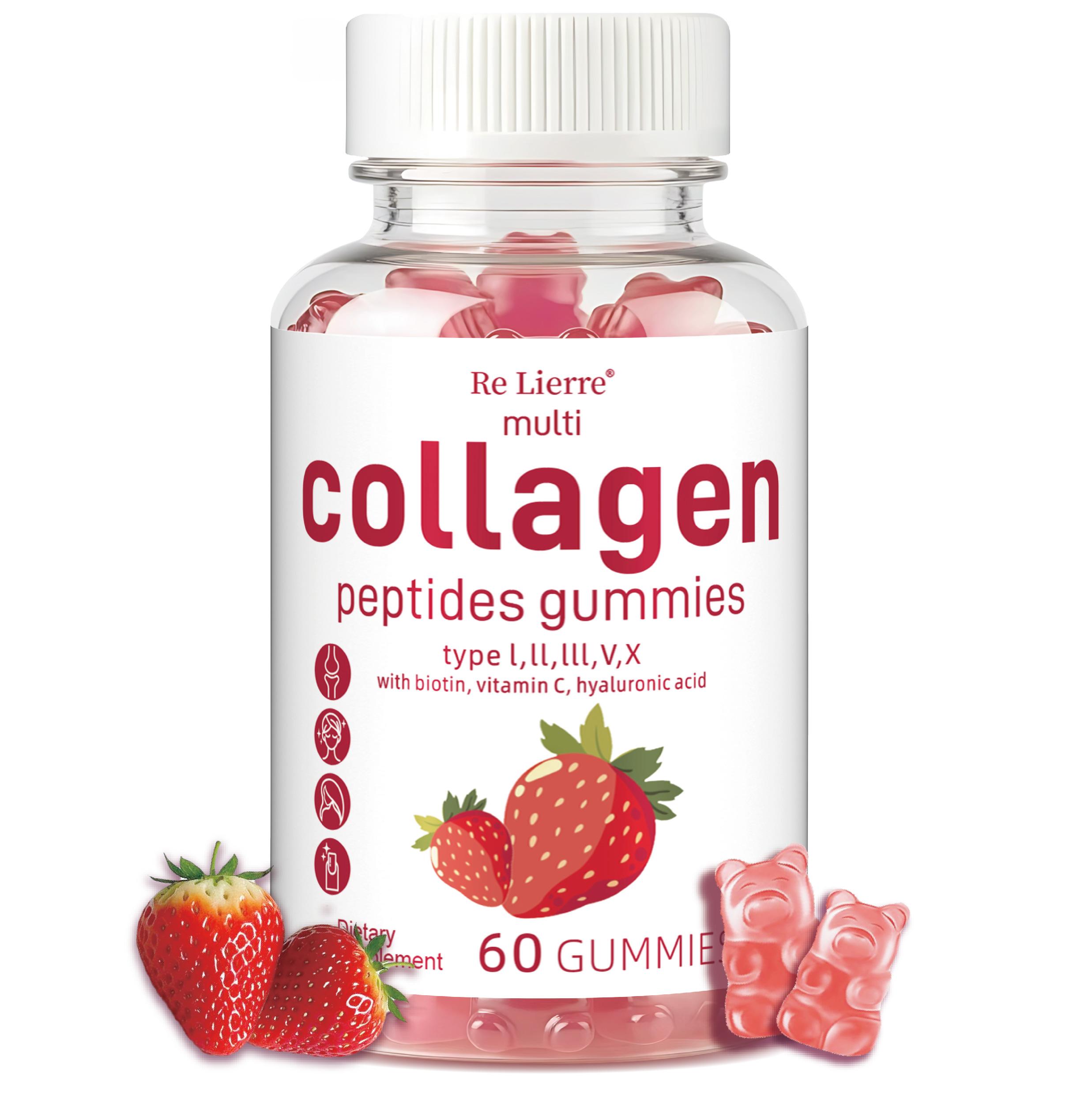 3 Bottles Re Lierre Collagen Peptide Gummies for Women & Men Sugar-Free 1500mg Protein Types I II III V X 5000mcg Biotin Methylated B12 Vitamins A C D E B8 for Skin Hair Nails Bone 60 Gummies