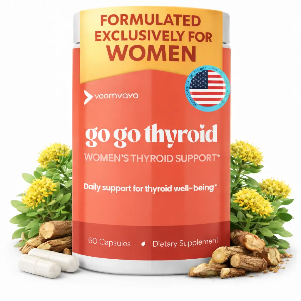 VoomVaya Go Go Thyroid - Thyroid Support for Women 30+ - Female-Focused Hormonal Balance & Thyroid Supplement with Iodine, Selenium & L-Tyrosine - 3rd Party Tested - 60 Capsules