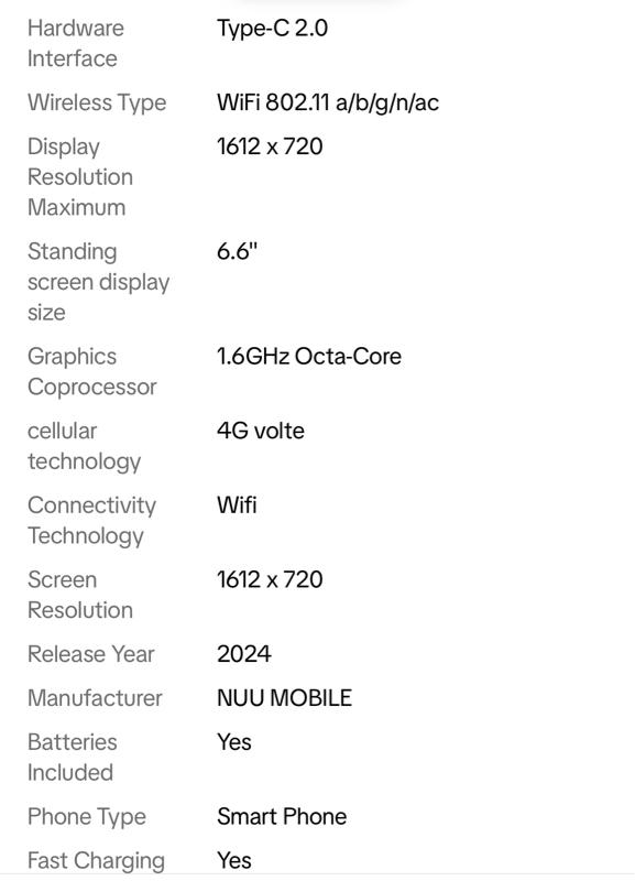 NUU N10 Unlocked Android Smartphone 6.6" 90Hz Display 8GB RAM 128GB Storage Black Phone with 18.96 Wh Lithium-Ion Battery