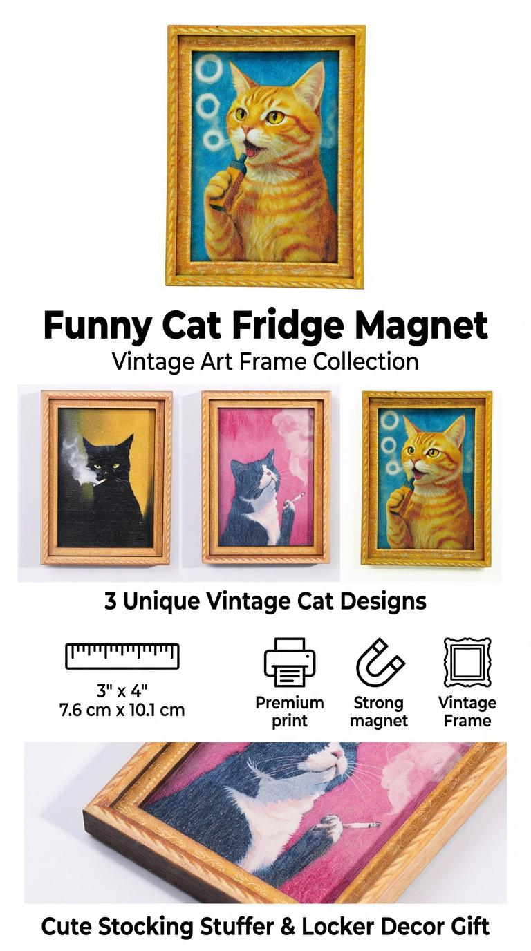 Funny Cat Fridge Magnet - Vintage Art Frame - Cute Stocking Stuffer & Locker Decor Gift Homedecor Kitty