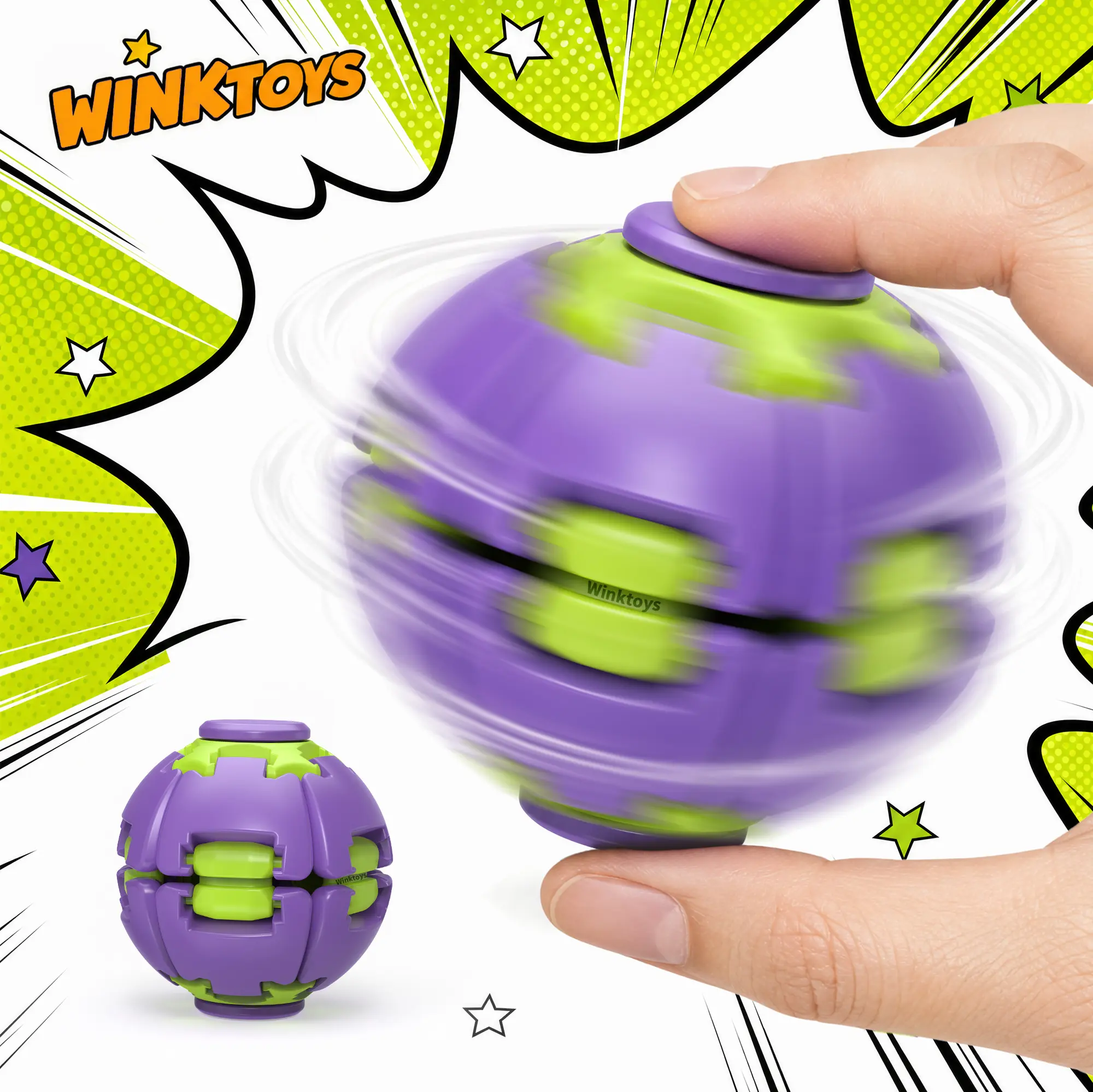 Winktoys Press Spin Fidget Ball, Fidget Spinner, One Press to Spin, Dynamic Spin Effect, Handheld & Tabletop Play, Sensory Toy, Stress Relief Desk Toy, Gift Idea for Kids, Teens & Adults