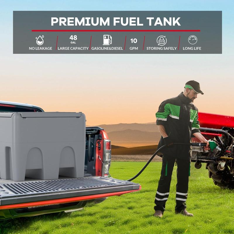 Garvee 48 Gallon Portable Fuel Transfer Tank with 12V Electric Pump, 10GPM Flow, 13Ft Hose & Auto Nozzle for Diesel & Gasoline - Ideal for Trucks, Tractors, Boats, Generators - Gray