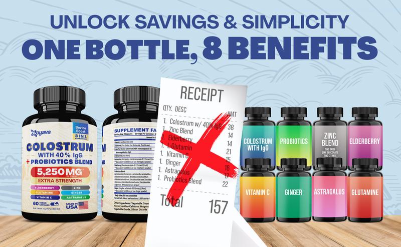 Zoyava Bovine Colostrum Supplement - Grass-Fed Cow Colostrum All-in-1 Capsules with 40% IgG & Probiotics - Highly Potent - Made in USA