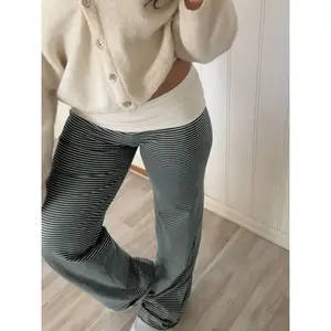 Women's Colorblock Striped Casual Fashion Pants, Casual Chic Trousers, Fitted Straight Leg Long Trousers for Spring & Fall, Comfortable Moderate Fabric Style