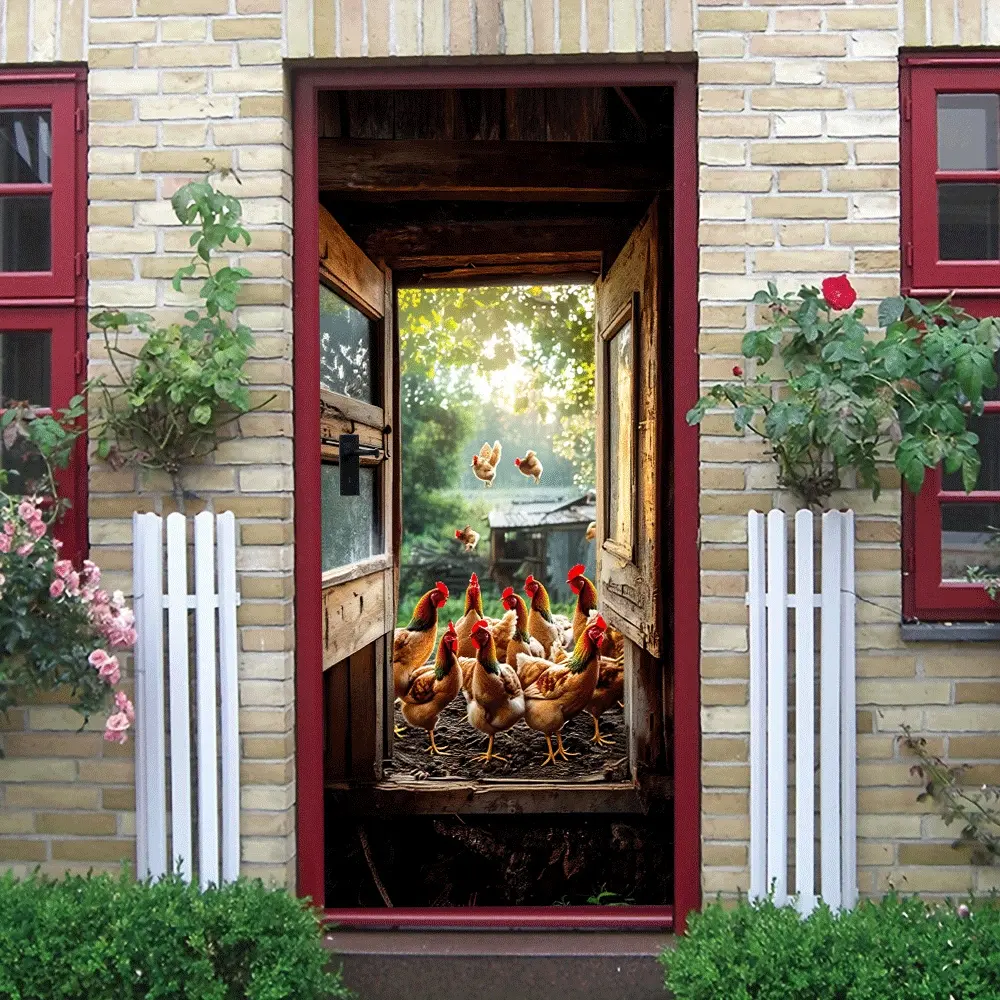 2pcs   Vintage Rustic Wooden Window Frame Chicken Wall Sticker, Warm Home Decor Decal, Self-Adhesive Mural for Living Room Bedroom Background Wall, Style Animal Pattern Sticker, Eco-Friendly Remov