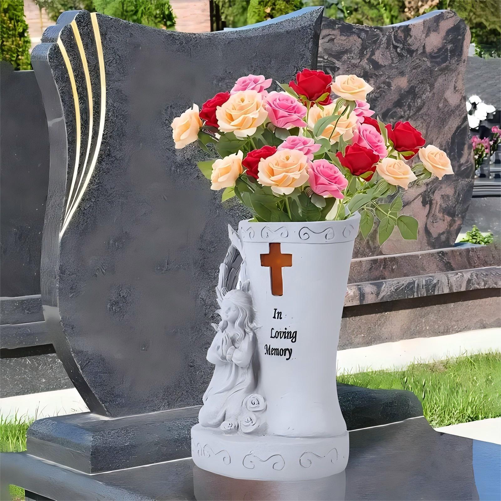 White Religious Heaven Angel Wing Cross Synthetic Figurine - Solar LED Light Resin Vase Ornament, Graveyard Bereavement Memorial Gift for Relatives (Figurines, Statues & Bobbleheads Category)
