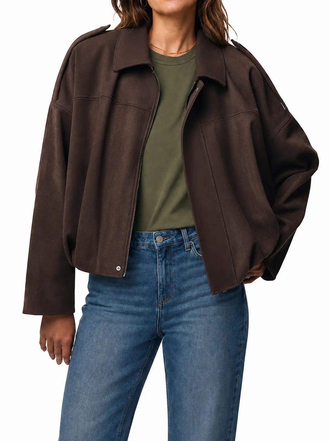 QKU Women's Viral Vintage Lightweight Suede Cropped Bomber Jacket - Oversized, Drop Shoulder, Epaulet, Zip-Up, Loose Streetwear Outerwear