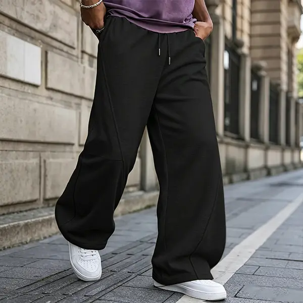 Men's Split-Panel Drawstring Wide-Leg Sweatpants - Baggy Uncuffed, Drawstring Elastic Waist, Drapey Loose Casual Pants for Streetwear, Workouts, Outdoor Activities, Baggy Uncuffed Men's Pants, Drawstring Elastic Waist Men's Pants