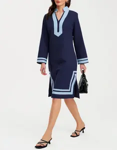 Ladyful Color Block Shift Dress for Women Long Sleeve Summer Stand Collar Side Slit Midi Dress with Lining Zipper