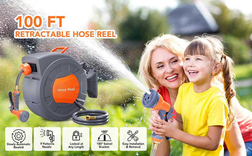GARVEE Garden Hose Reel, 1/2 in x 100 ft Wall Mounted Retractable Water Hose Reel with 9 Function Sprayer Nozzle, Any Length Lock, 180° Swivel Bracket, Automatic Rewind and Slow Return System