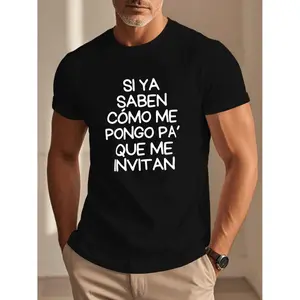 Men's Black Casual Summer T-Shirt with Funny Spanish Quote "Si Ya Saben Como Me Pongo Pa Invitar" - Short Sleeve, Polyester Blend, Round Neck, Machine Washable, Casual Summer Wear | Spanish Phrase Shirt | Comfortable Fit, Summer T
