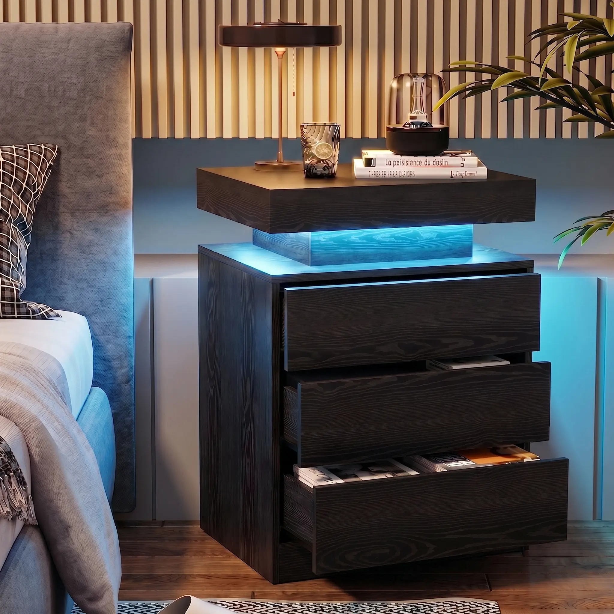 LIKIMIO Modern Night Stand with Charging Station, LED Light and 2-3 Drawers - Furniture for Small Spaces, Bedroom Bedside Table/End Table,dorm essentials,home decor