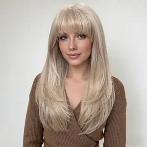 Cruz-DWY 24-inch Ash Blonde Long Layered Wig with Bangs, Elegant & Versatile for Women, Suitable for All Occasions. Synthetic Wig for Elegant Ladies of All Ages