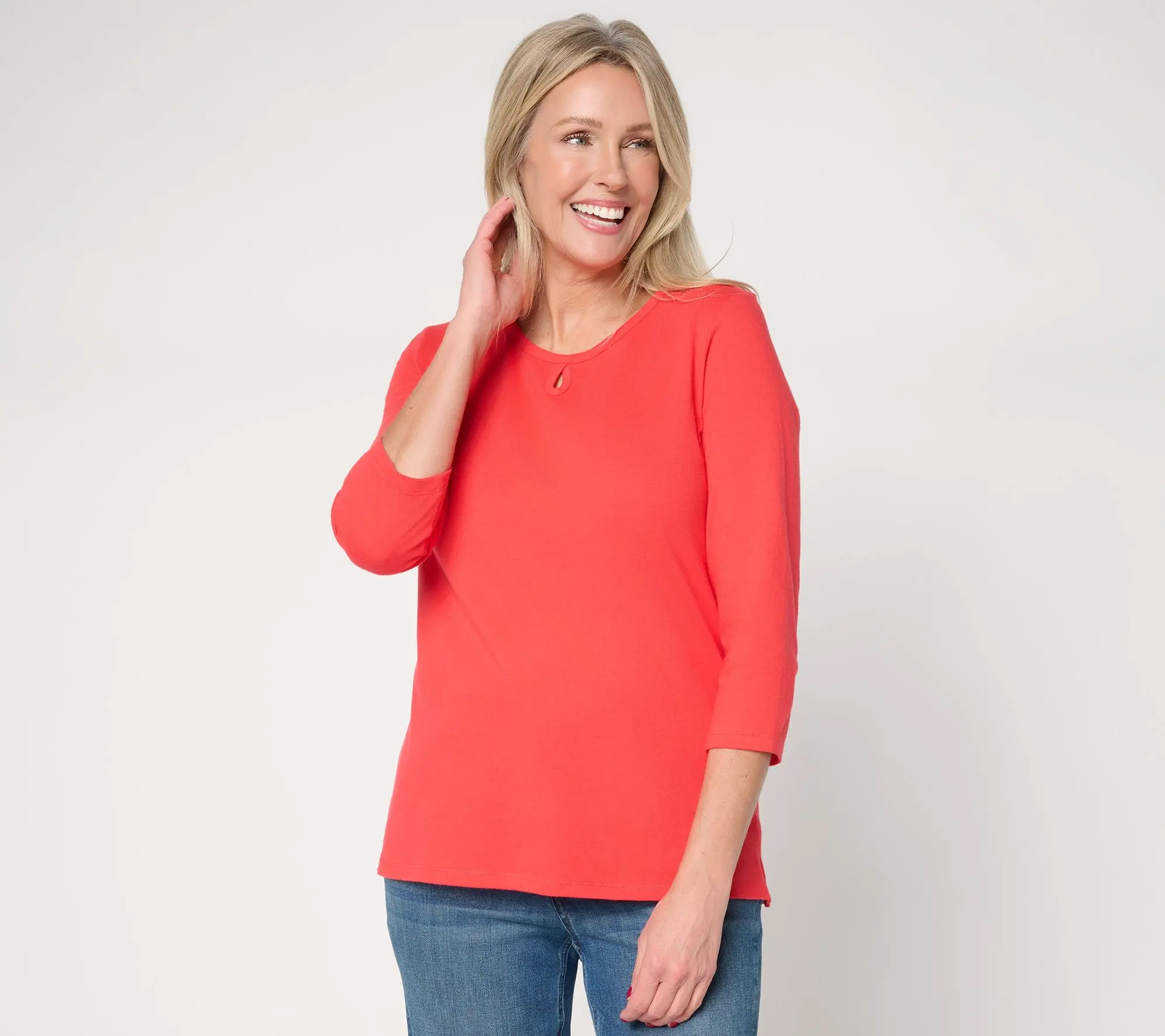 Denim & Co. Essentials True Cotton 3/4-Sleeve Top w/ Keyhole