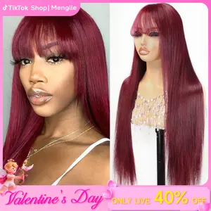 Live. Menglle Hair 99j Long Straight With Bangs Glueless Human Hair 13X4 Lace Front Wig Burgundy Silky Straight Lace Wig 180% DensityRed Wine Color#Outdoorfun