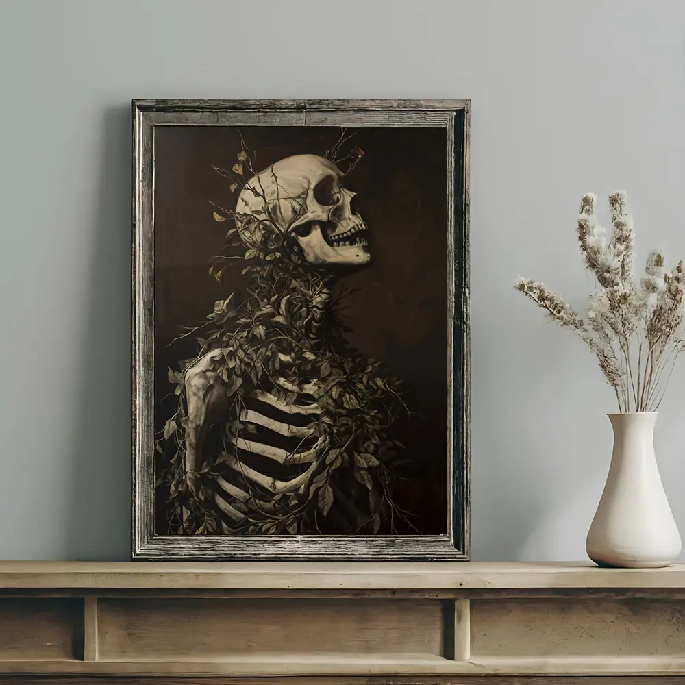 1pc Vintage Botanical Skeleton Skull Poster - Art Deco Classic Retro Gothic Dark Academia Canvas Art Print for Living Room, Bedroom, Bathroom, Dining Room - Fashion Theme Frameless Wall Art Indoor Decor Artistic
