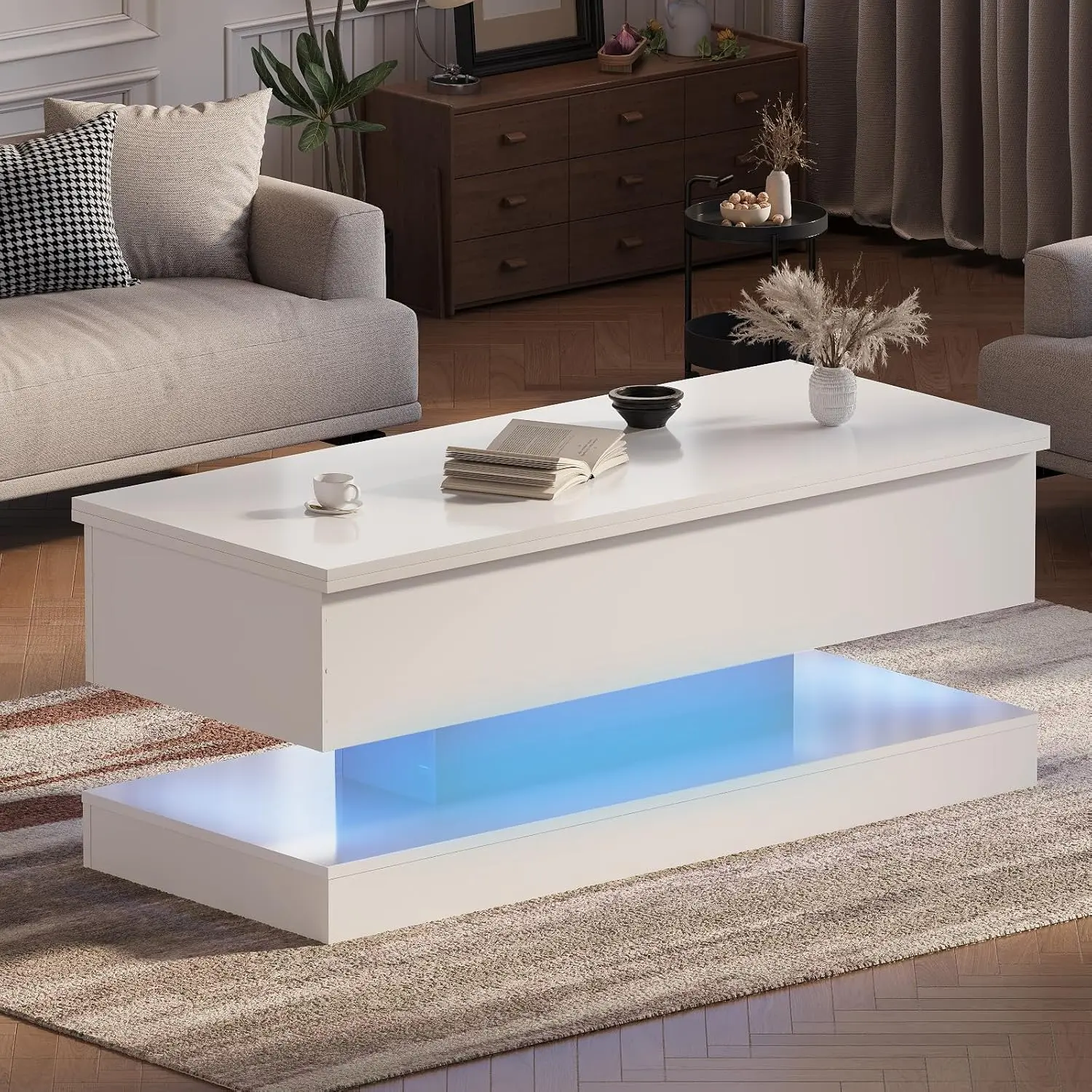 Gaomon High-Gloss White Lift-Top Convertible Dining Table with Metal Frame, Storage, LED Lights, APP Control, 2 AC Outlets, 2 USB Ports - Adjustable Height, Expandable Design - Ideal for Dining Room, Parties